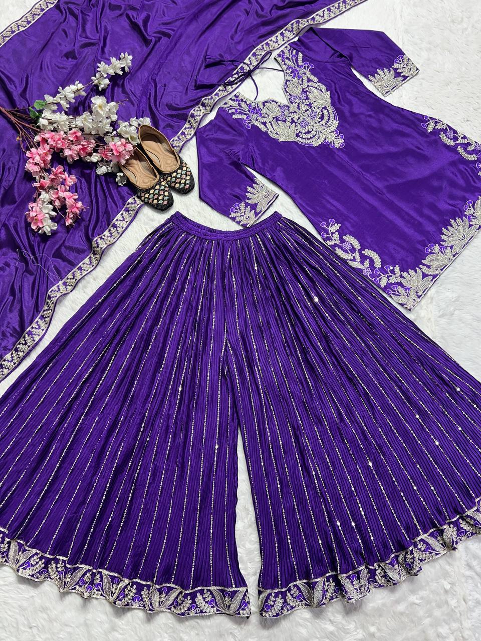 Designer Sharara Set in Pure Heavy Chinon Silk with Embroidery Coding Sequence & Full Embroidery Sleeve