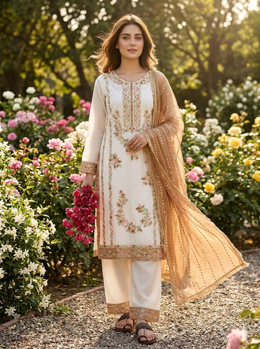 GMY Silk Sequin & Moti Embroidered Straight Pant Suit — Festive Wear