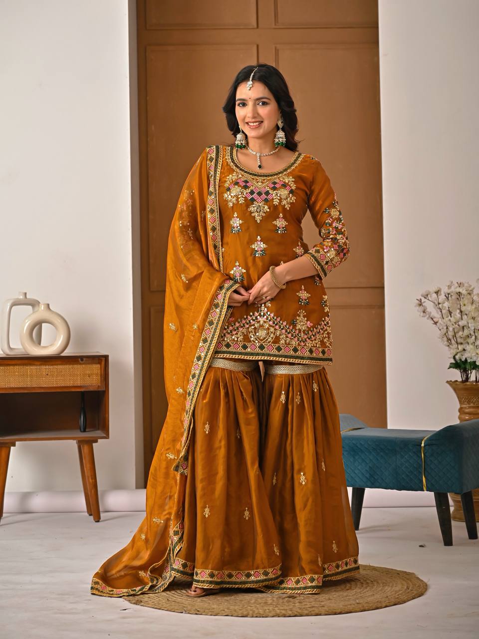 Designer Party Wear Top, Sharara Palazzo & Dupatta in Heavy Fandy Silk with Sequence Embroidery
