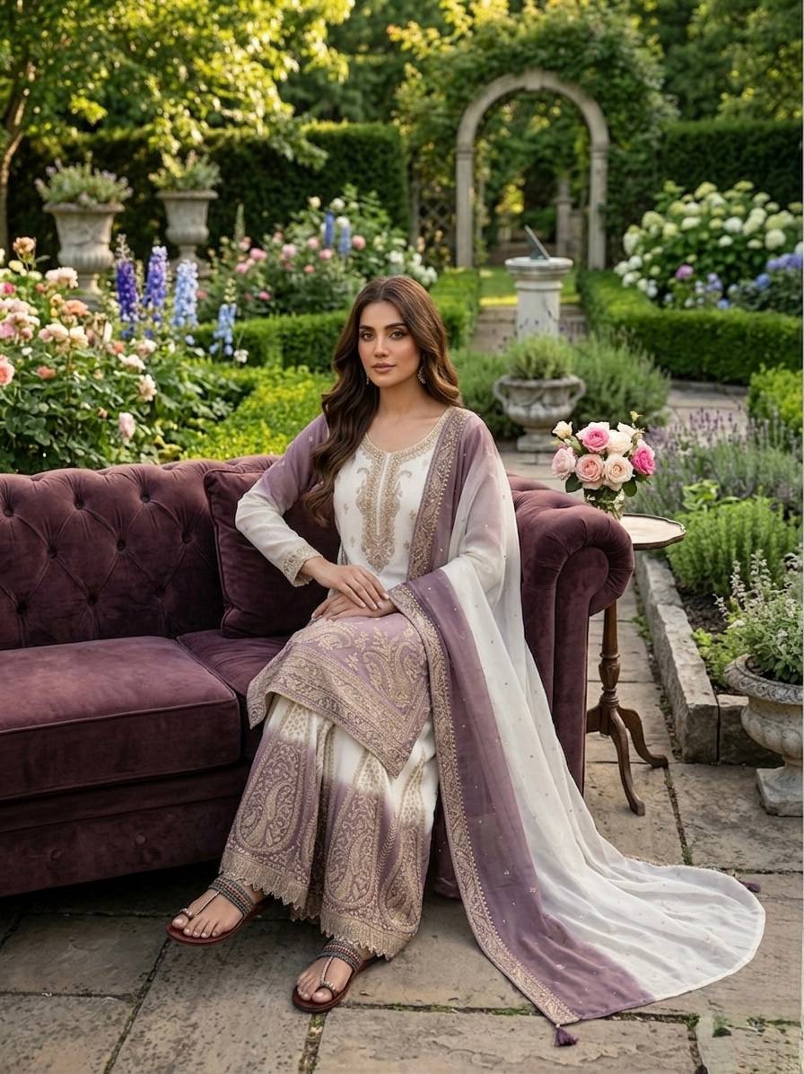 Designer Dual Tone Star Georgette Top Palazzo & Dupatta Set