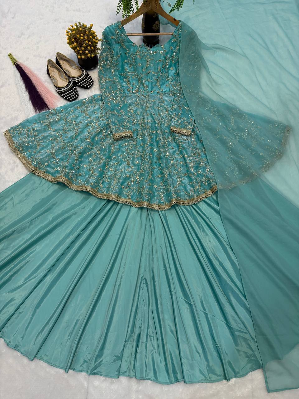 Designer Fancy Silk 5mm Sequin Embroidered Kediyu Top & Lehenga with Faux Georgette Dupatta