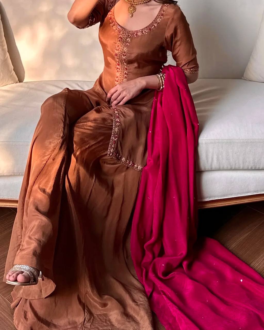 Designer Natural Crepe Silk Multi Needle Sequin Top Kali Cut Flair Palazzo & Stone Work Dupatta Set