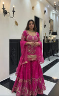 Designer Heavy Sindoor Silk 3mm Sequin Embroidered Top Sharara Palazzo & Dupatta Set