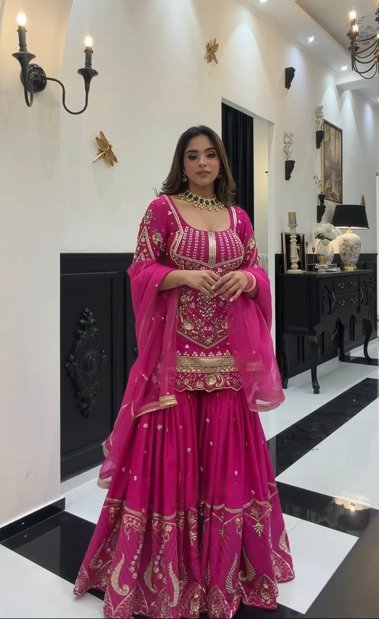 Designer Heavy Sindoor Silk 3mm Sequin Embroidered Top Sharara Palazzo & Dupatta Set