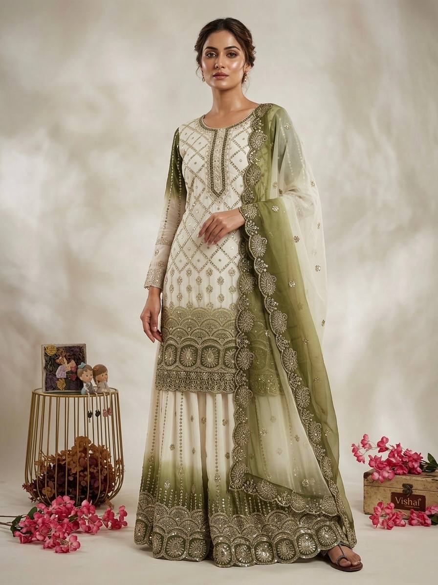 Dual Tone Star Georgette Sequin Embroidered Palazzo Suit — Festive Wear