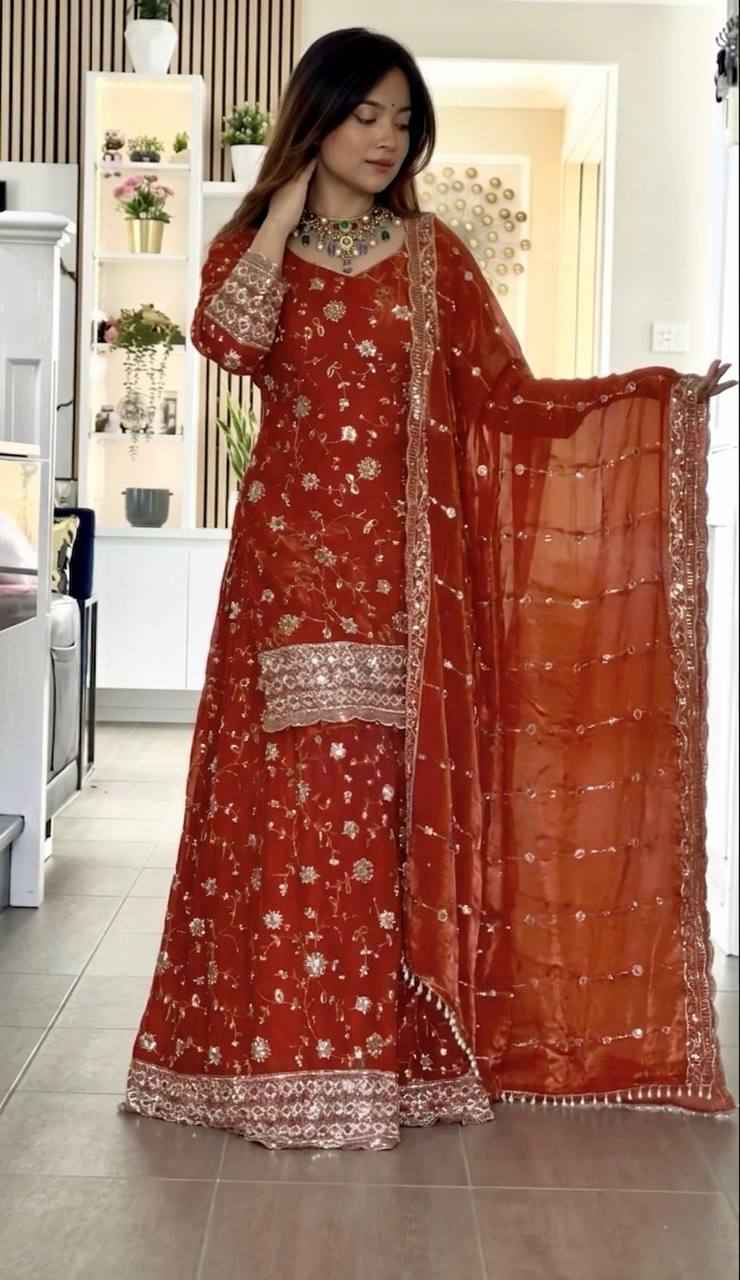 Designer Frendy Silk Thread & Sequin Zari Work Top Palazzo & Dupatta Set