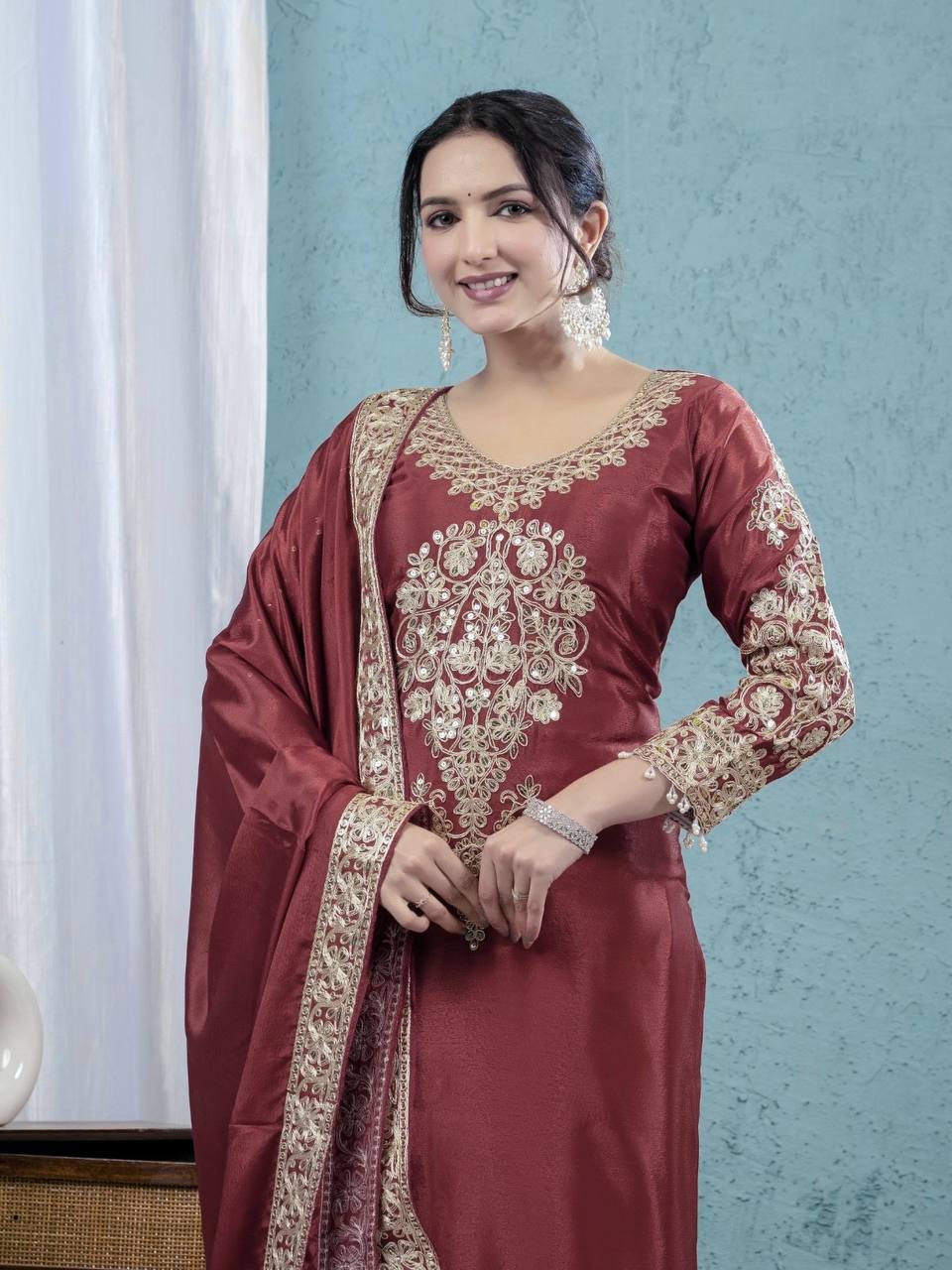 Designer Top, Pant & Dupatta in Pure Heavy Chinon Silk with Embroidery Coding Sequence Work