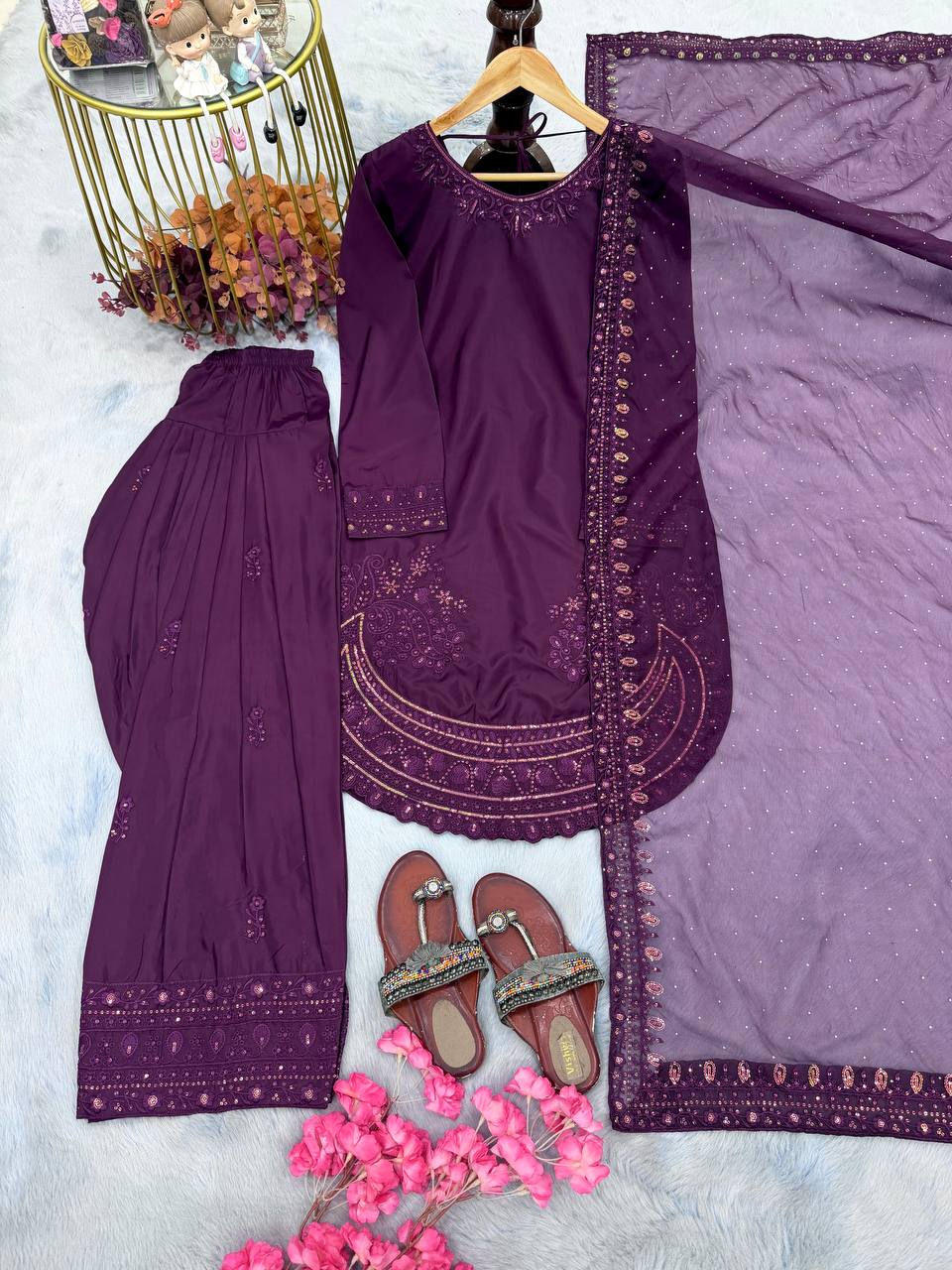 Party Wear Crepe Top With Farshi Palazzo & Organza Dupatta Set Stitched