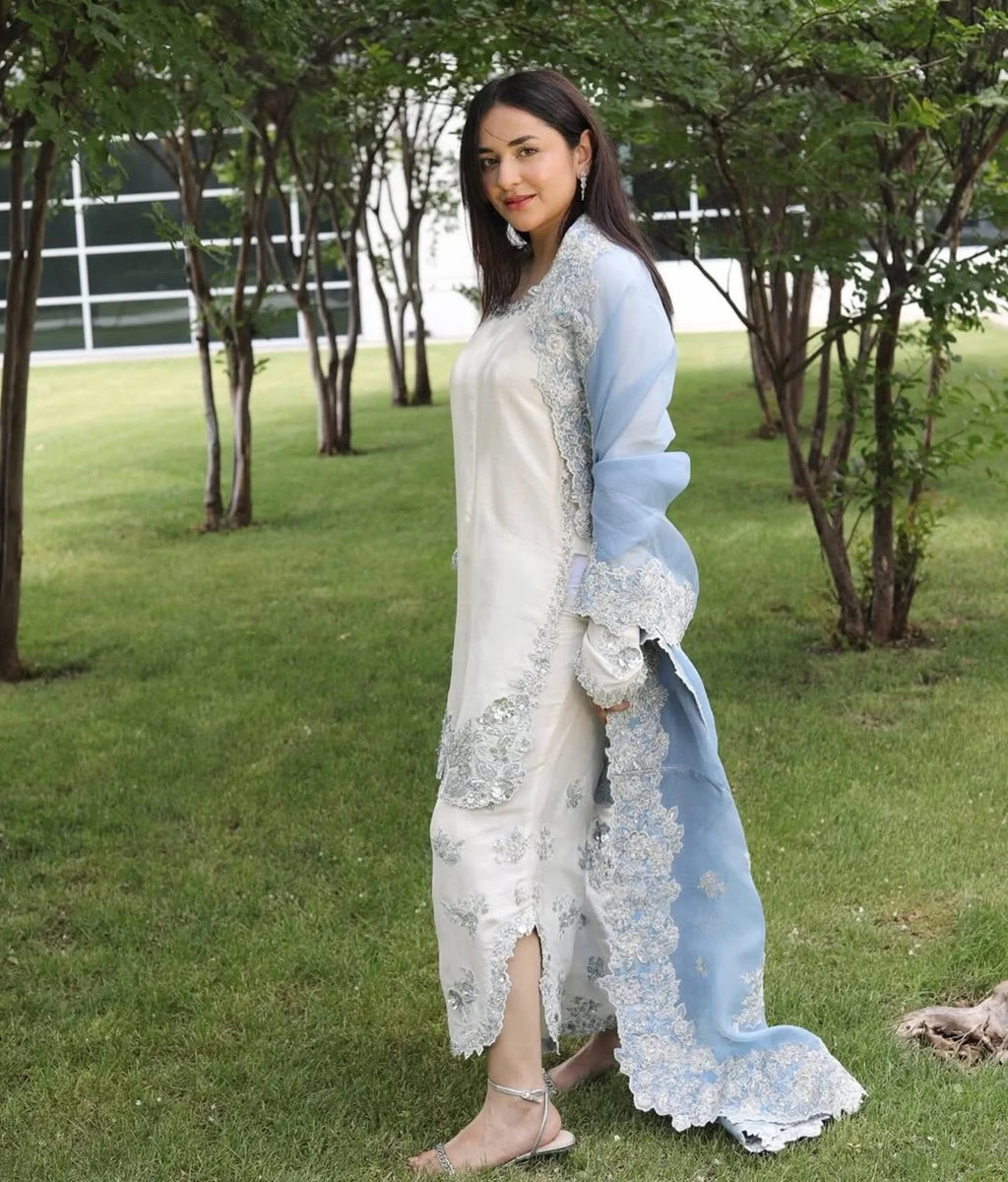 White Roman Glass Sequins Palazzo Suit