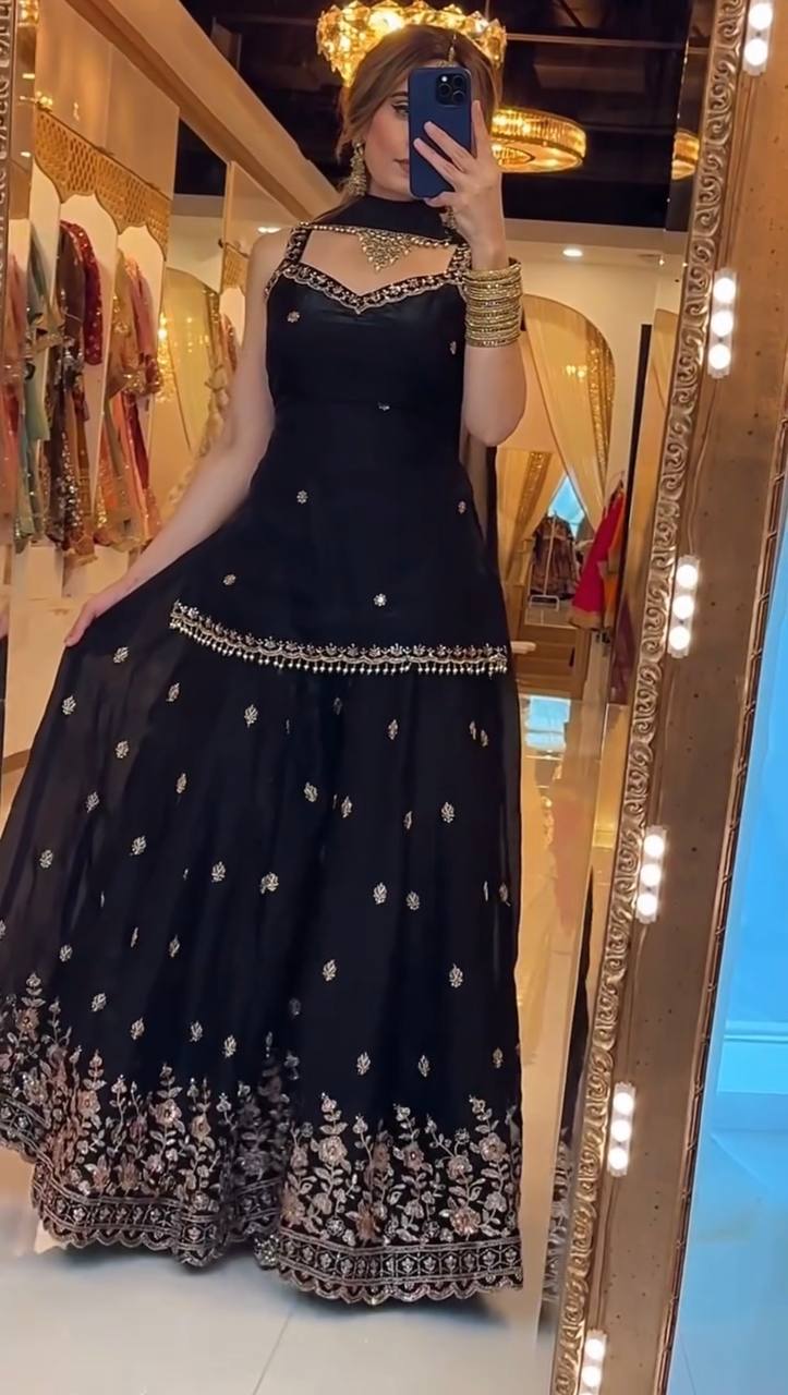 Designer Frendy Silk 5mm Sequin Multi Needle & Zari Embroidered Top Sharara & Dupatta Set