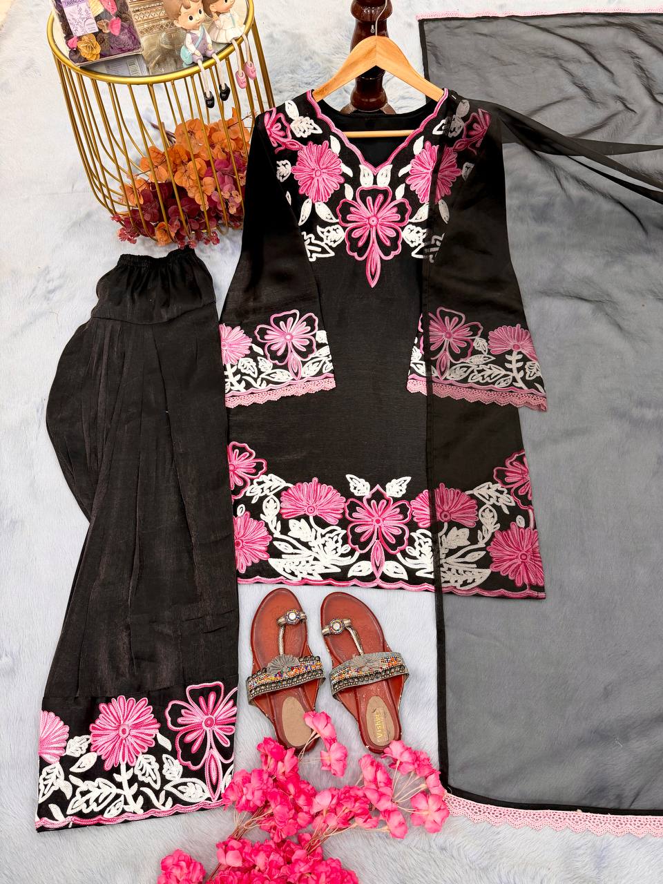 Silk Embroidered Sequins Straight Pant Suit Festive Wear