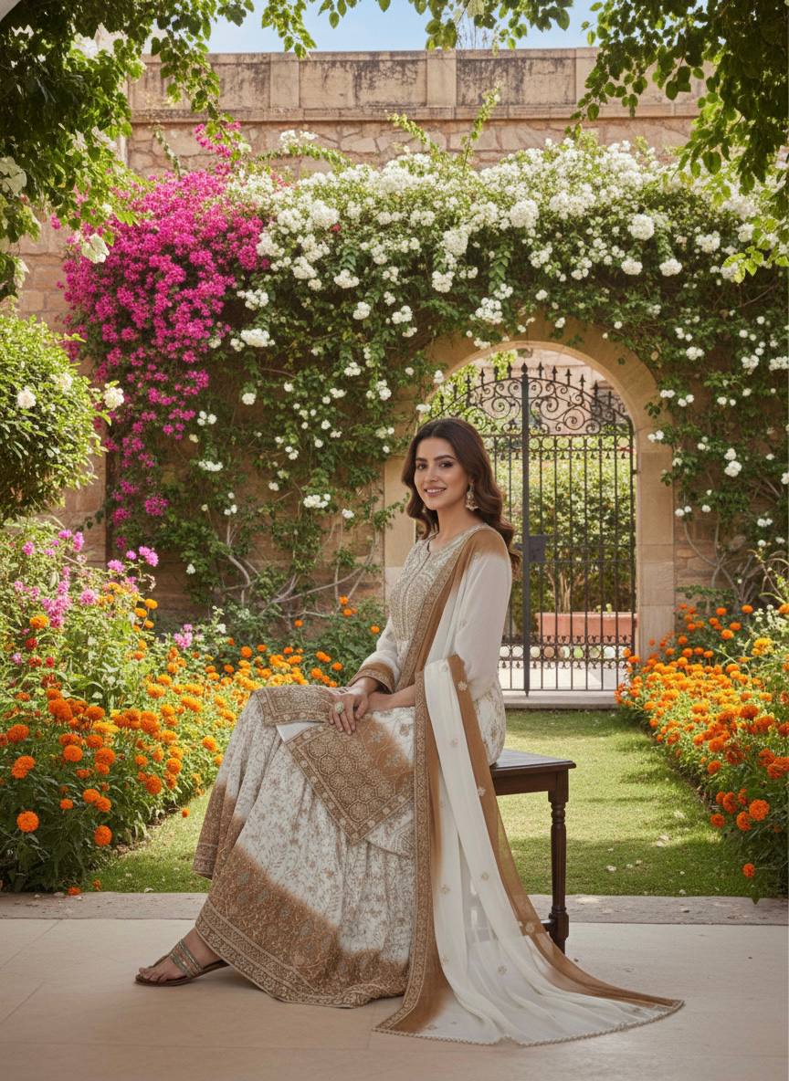 White and Brown Faux Georgette Embroidered Sequins Palazzo Suit Festive Wear