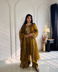 Designer Party Wear Chiffon Burberry Silk Anarkali Gown with Pant Palazzo and Dupatta | MC-2046