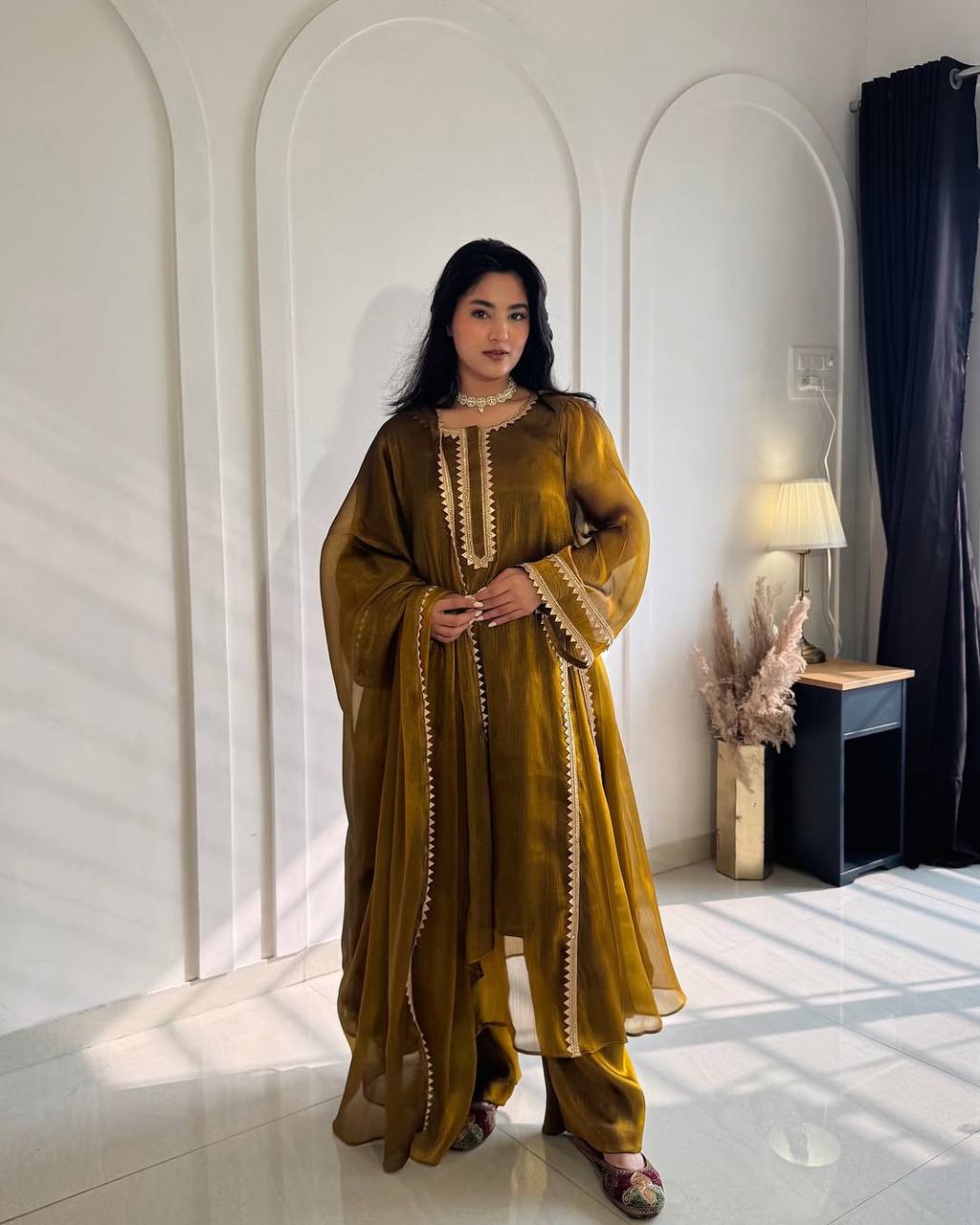 Designer Party Wear Chiffon Burberry Silk Anarkali Gown with Pant Palazzo and Dupatta | MC-2046