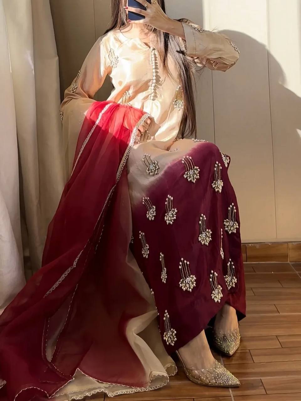 Designer Heavy Chinon Silk Real Bead & Moti Hand Work Sequin Top Palazzo & Chiffon Dupatta Set