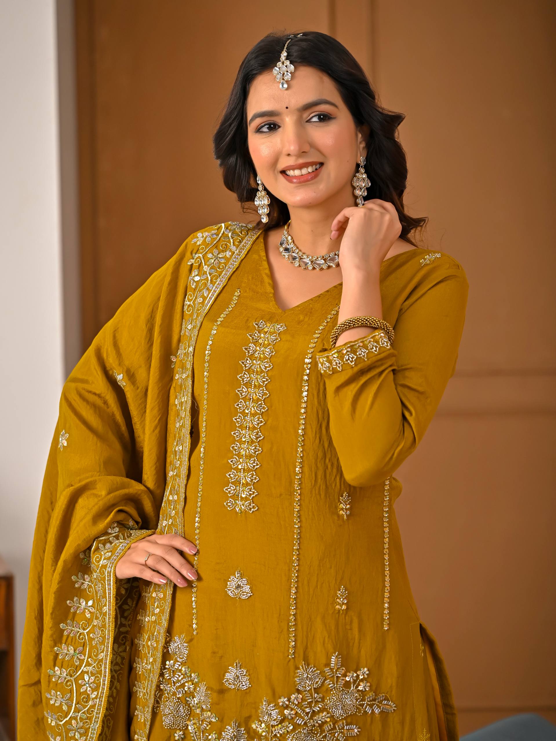 Designer Party Wear Top, Sharara Palazzo & Dupatta in NC Vichitra with Hand Work | ND-5064