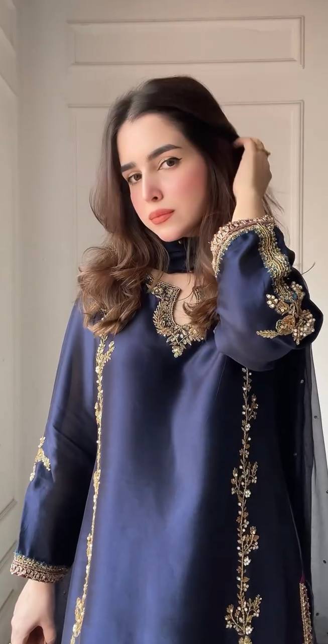 Designer Natural Crepe Silk Moti Full Hand Work Top Farshi Salwar & Organza Dupatta Set