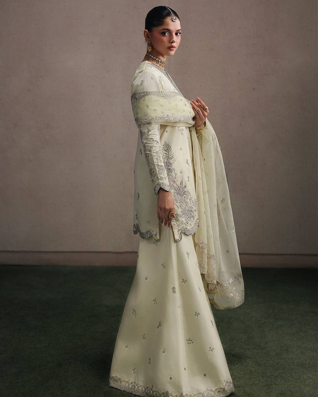 Designer Natural Crepe Silk Multi Needle Sequin Embroidered Top Sharara Palazzo & Organza Dupatta Set
