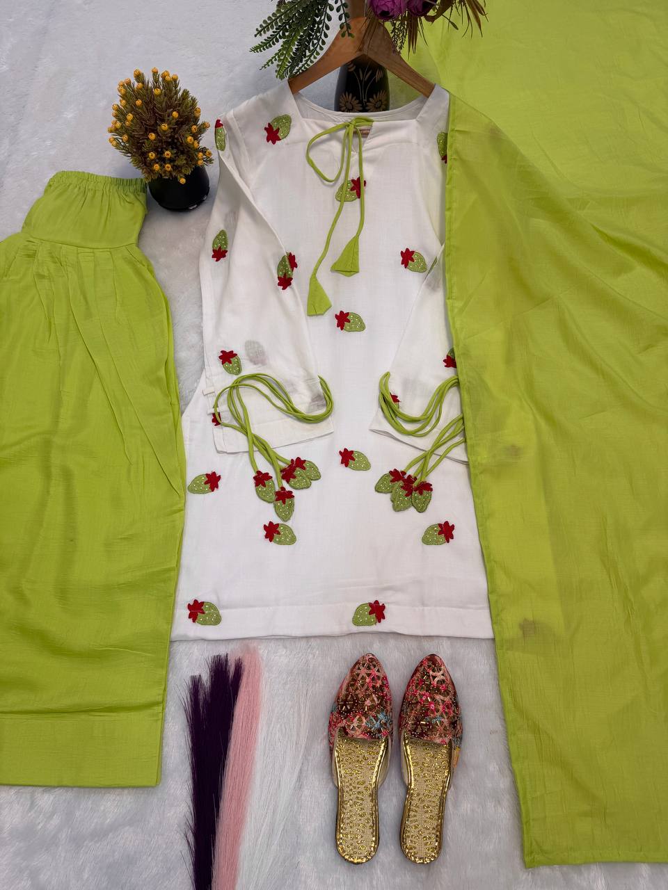 Designer Party Wear Cameric Cotton Embroidered Top with Farshi Pant and Dupatta | MC-2048