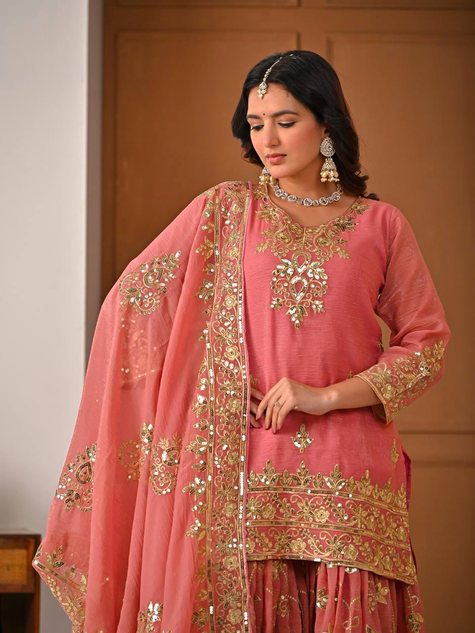 Designer Party Wear Top, Sharara Palazzo & Dupatta in Heavy Crunchy Silk with Sequence Embroidery | 5060