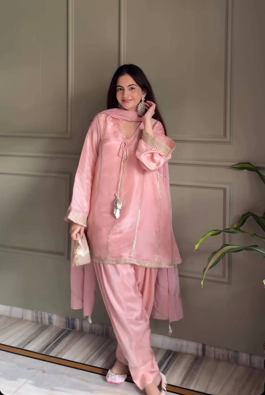 Designer Party Wear Gimmy Silk Top with Farshi Salwar and Dupatta | MC-2045