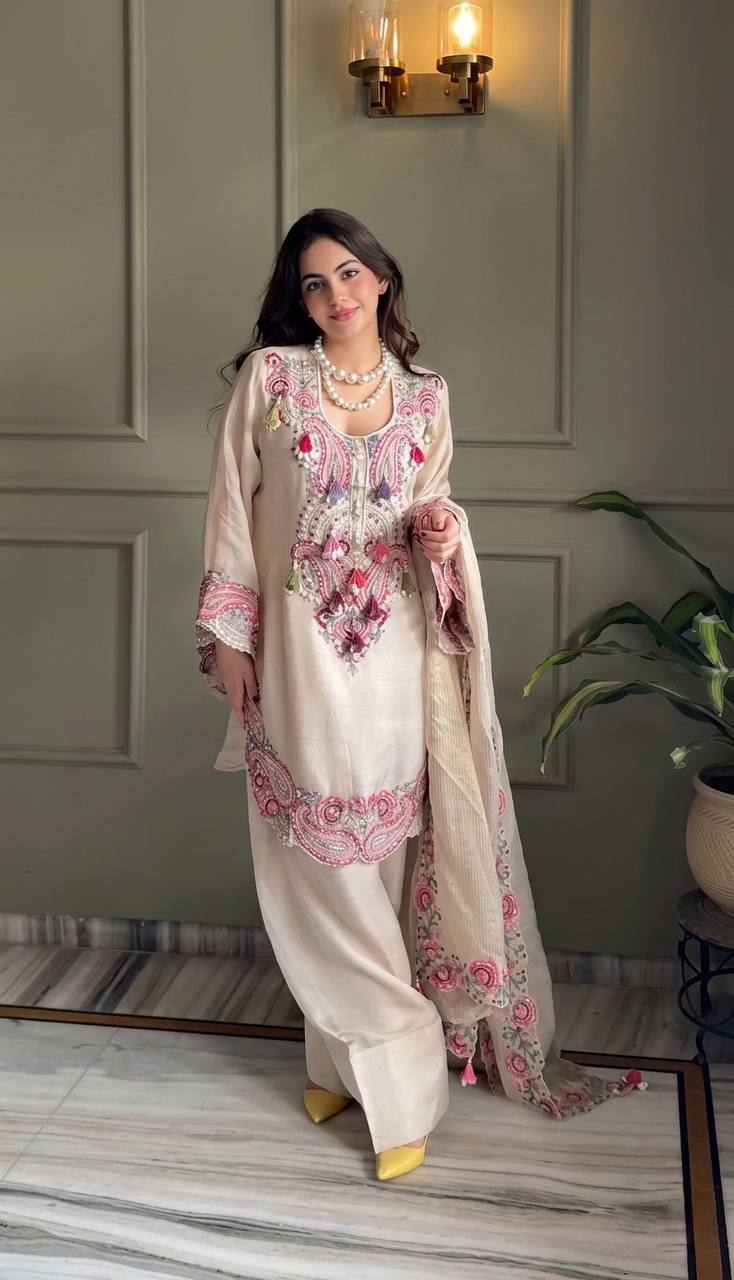 Designer Pure Heavy Georgette Embroidery Thread Work Top Farshi & Dupatta Set