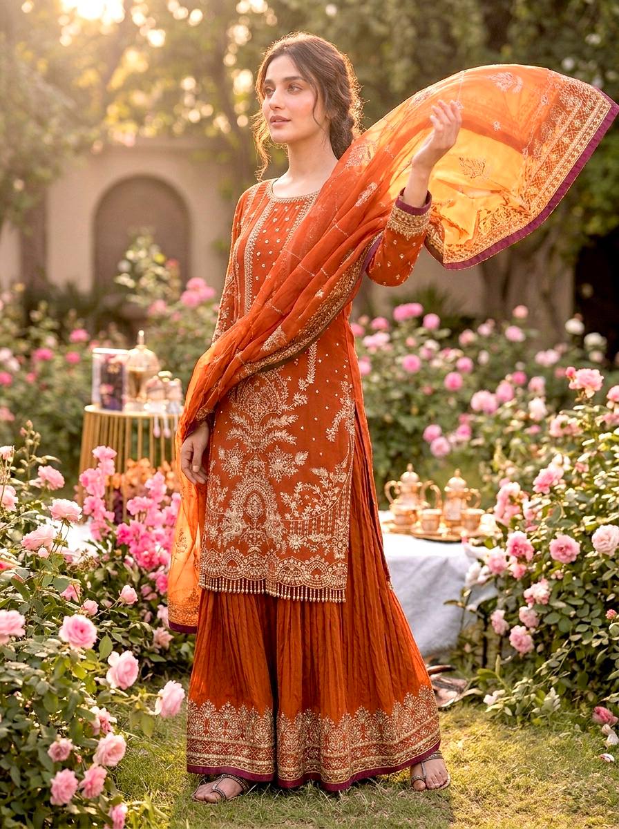 Orange Georgette Sequin & Moti Embroidered Palazzo Suit — Festive Wear
