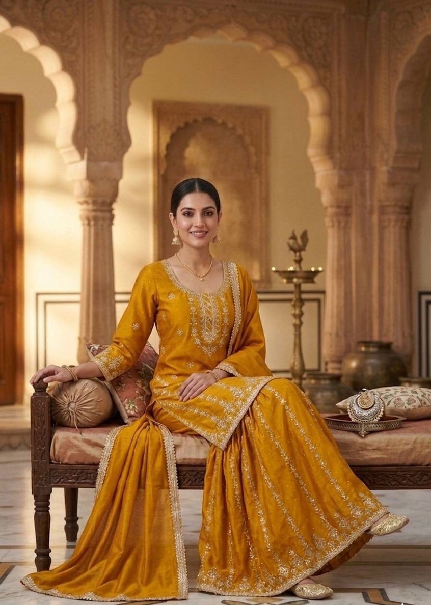 Designer Sharara Palazzo Set in Pure Heavy Chinnon Silk with Heavy Embroidery & Fancy Borders | ND-5063
