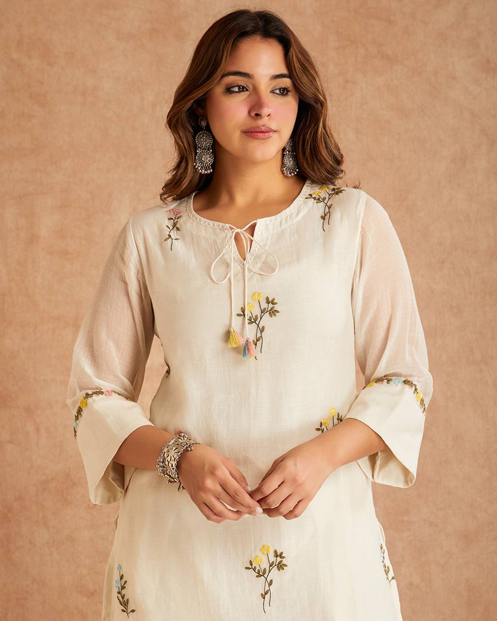 Designer Cotton Silk Multi Needle Embroidered Top Farshi Salwar & Organza Dupatta Set