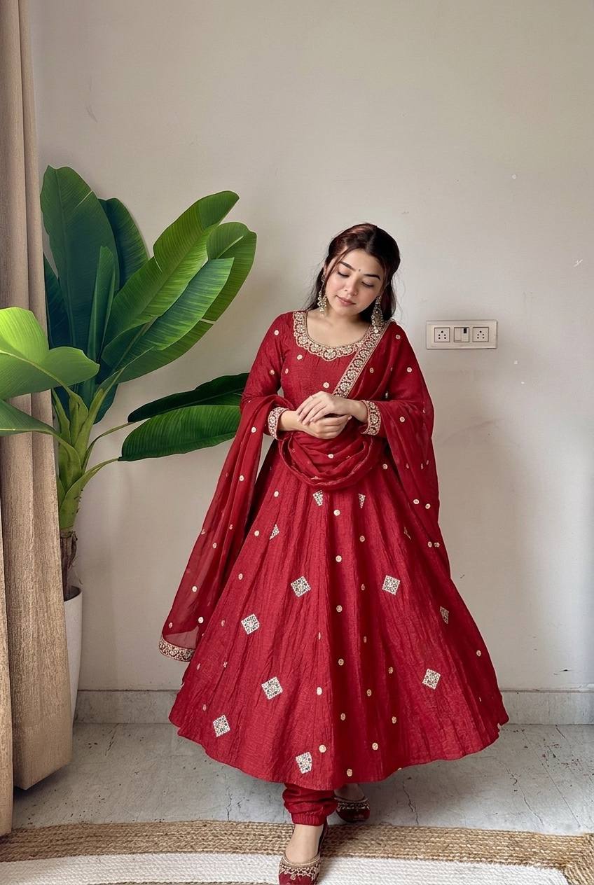 Designer Gown with Pant & Dupatta in Crunchy Silk with Embroidery Sequence Work & Full Flair | SRK-5351