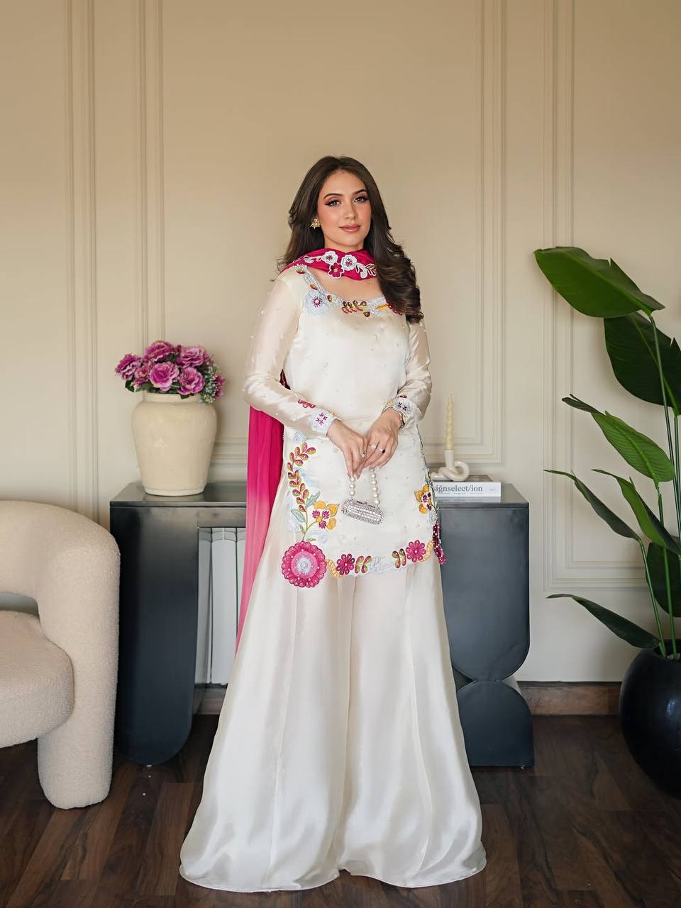 Designer Party Wear Roman Glass Silk Top with Sharara Palazzo and Dupatta