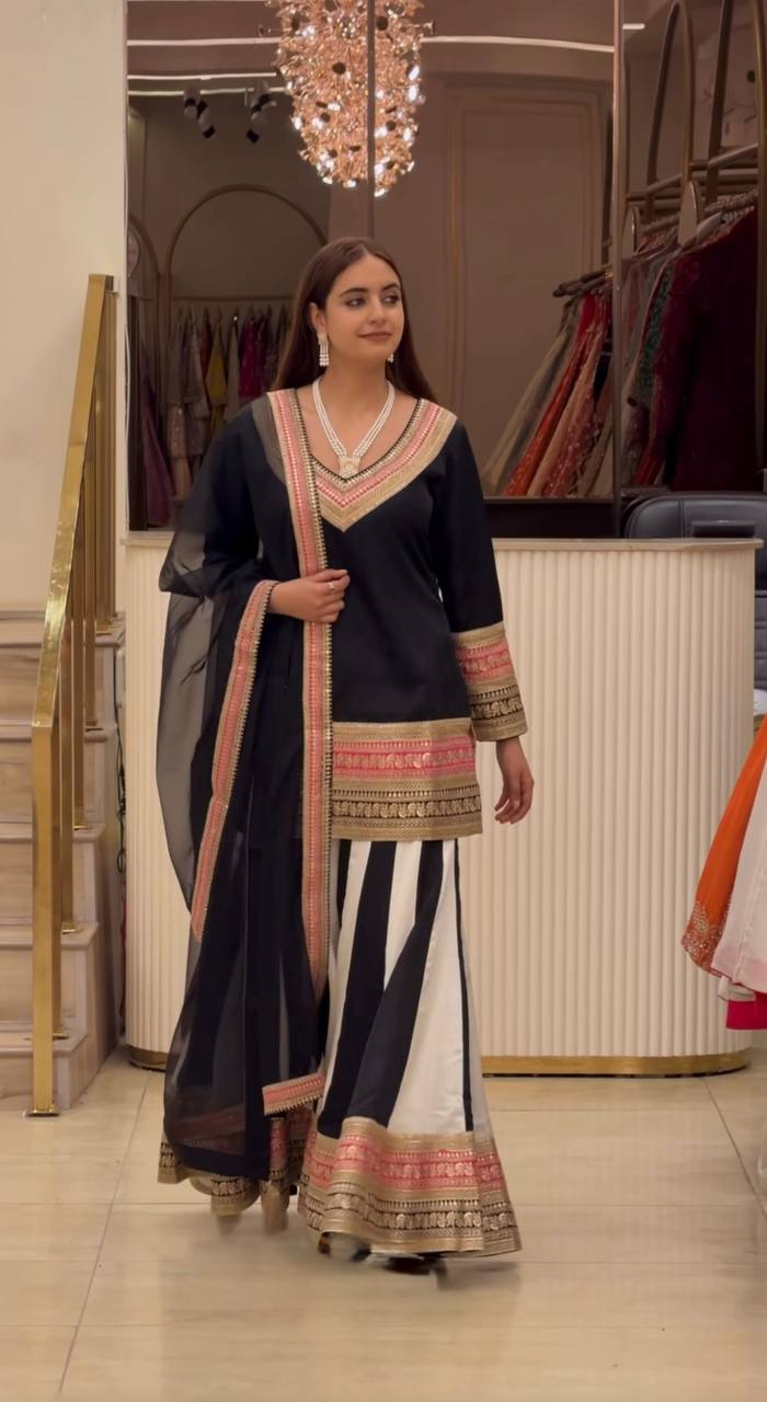 Designer Party Wear Natural Crep Silk Embroidered Top with Sharara Palazzo and Dupatta