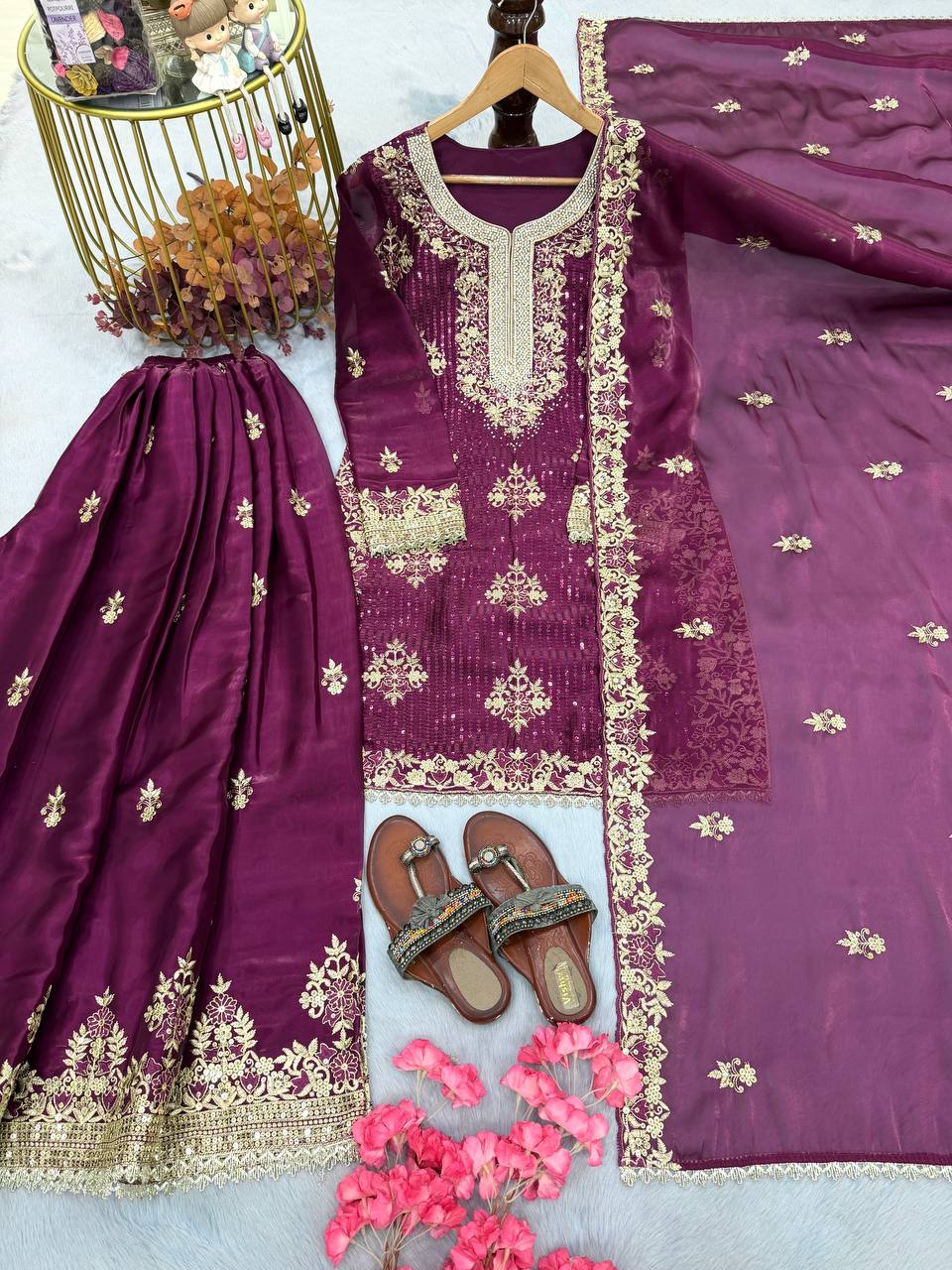 Silk Embroidered Stones Sequins Palazzo Suit Festive Wear