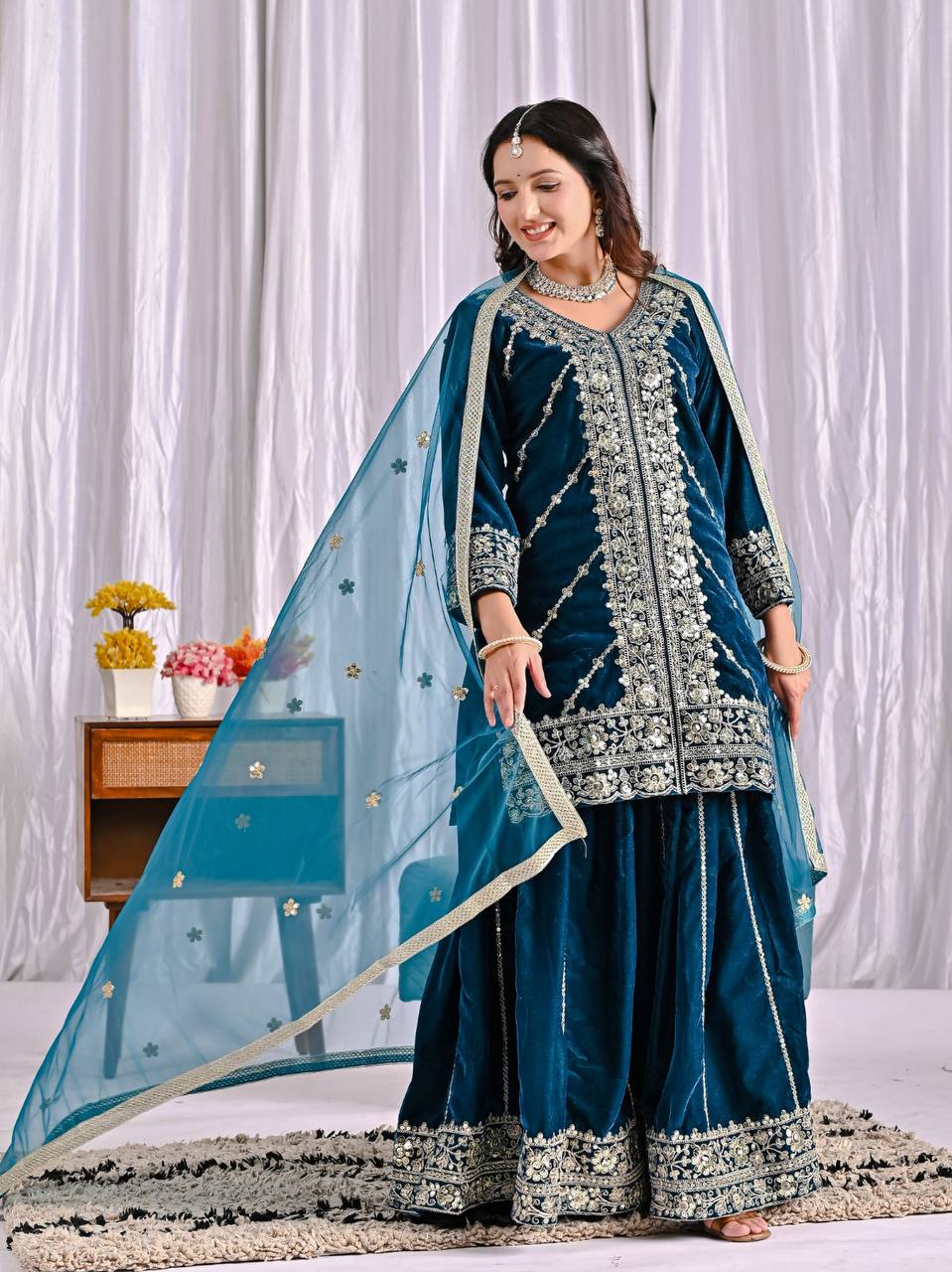 Designer Party Wear Top, Sharara Palazzo & Dupatta in Pure Heavy Viscous Velvet with Multi Needle Sequence