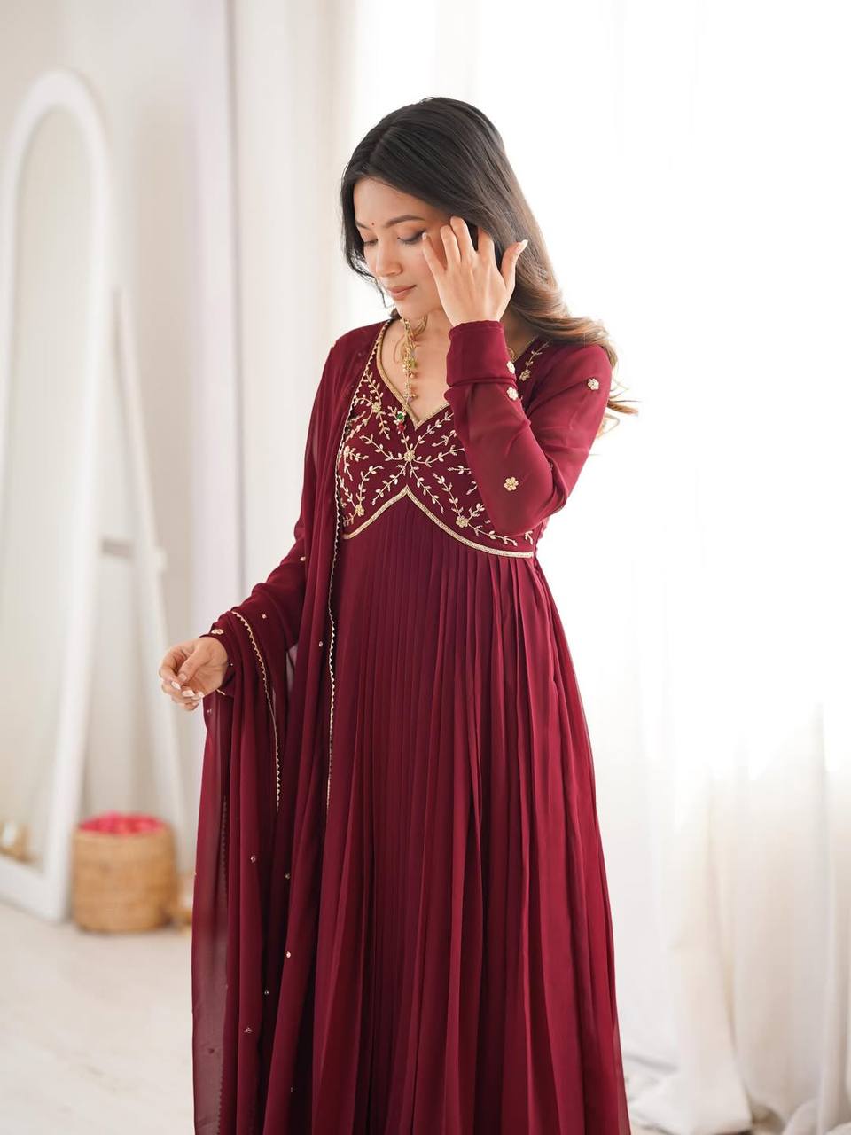 Designer Heavy Faux Georgette Bead Hand Work Gown Anarkali Suit with Pant & Dupatta