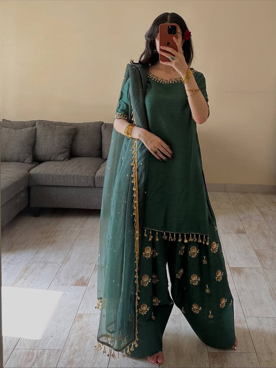 Designer Party Wear Aada Slab Silk Sequin Top with Farshi Salwar and Dupatta
