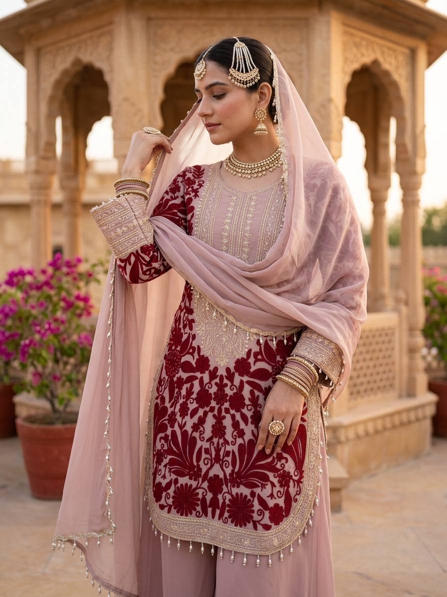 Designer Top, Pant & Dupatta in Heavy Faux Georgette with Chain Stitch Embroidery Sequence & Bead Work | SRK-5354