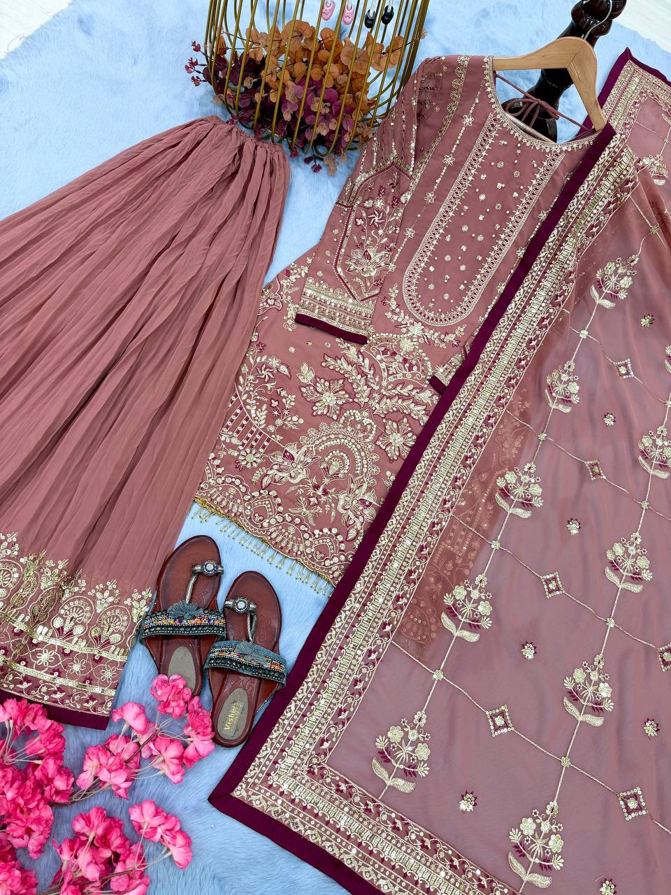 Georgette Sequin & Moti Embroidered Palazzo Suit — Multi Colour Festive Wear