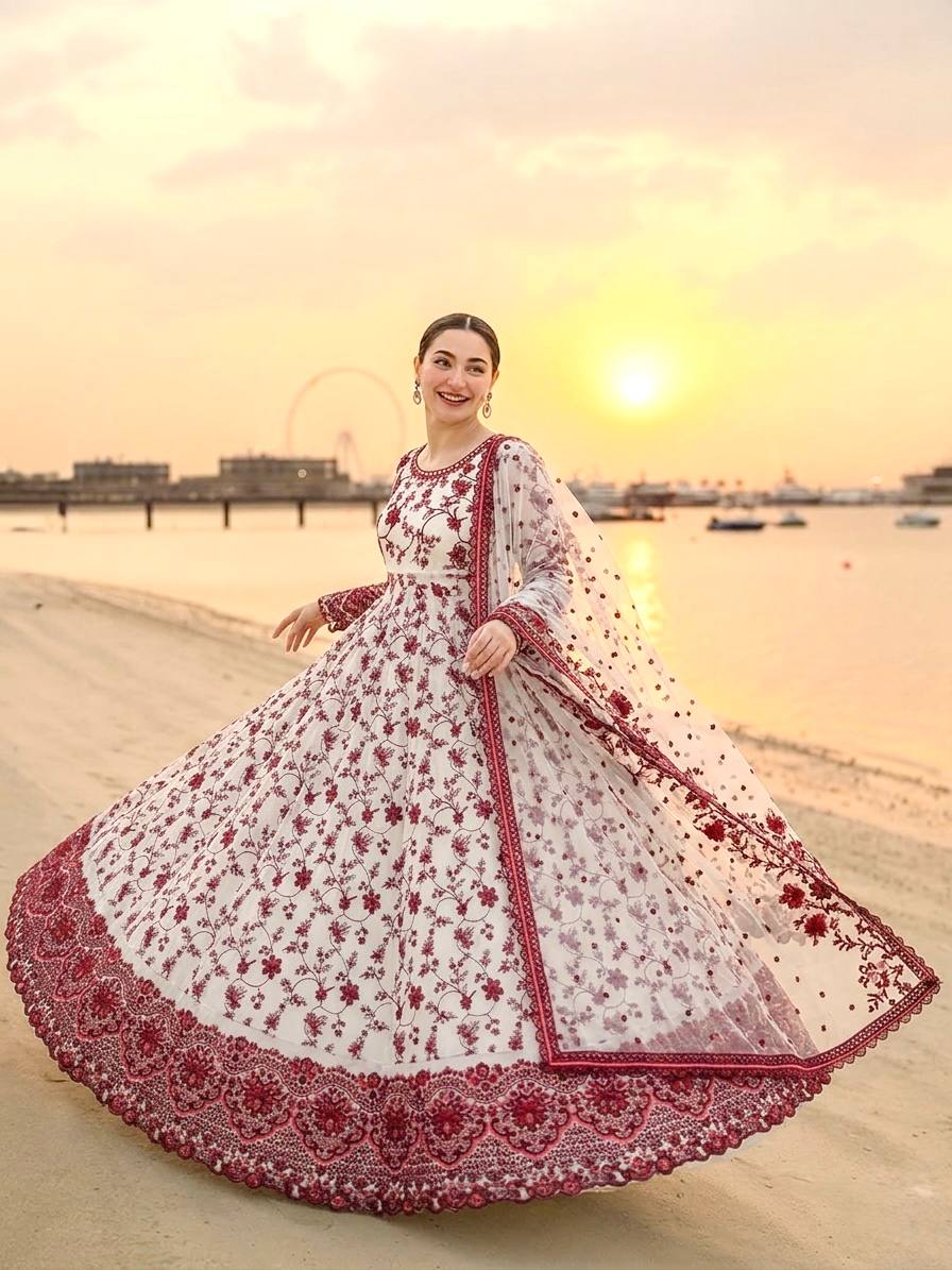Maroon & White Georgette Organza Embroidered Gown with Dupatta