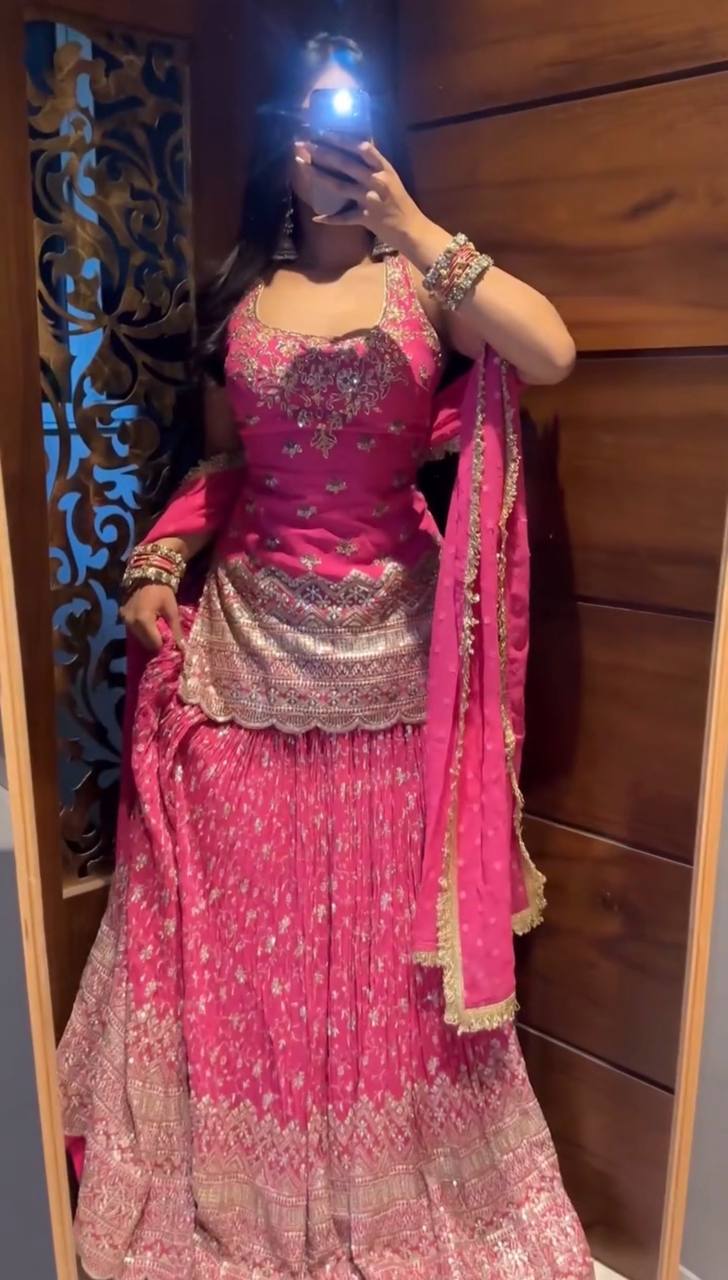 Designer Party Wear Chinon Silk Sequin Top with Lehenga and Dupatta