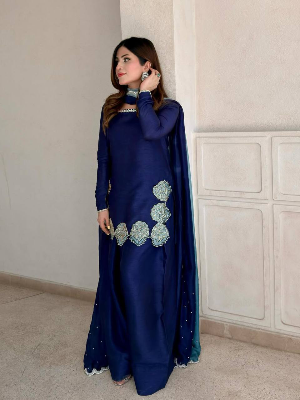 Designer Natural Crepe Silk Diamond Sequin Embroidered Top Farshi Salwar & Chiffon Dupatta Set