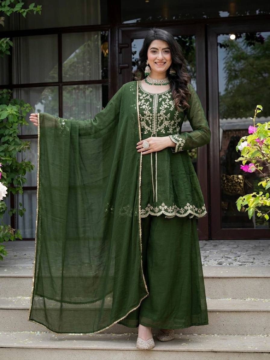 Designer Party Wear Top, Palazzo & Dupatta in Heavy Crunchy Silk with Sequence Embroidery