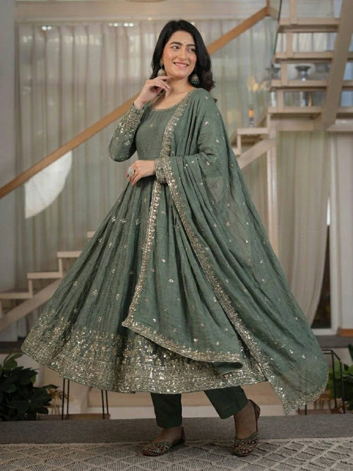 Designer Anarkali Suit in Heavy Crunchy Silk with Sequence Embroidery Work | ND-5065 - side view | Zahra London