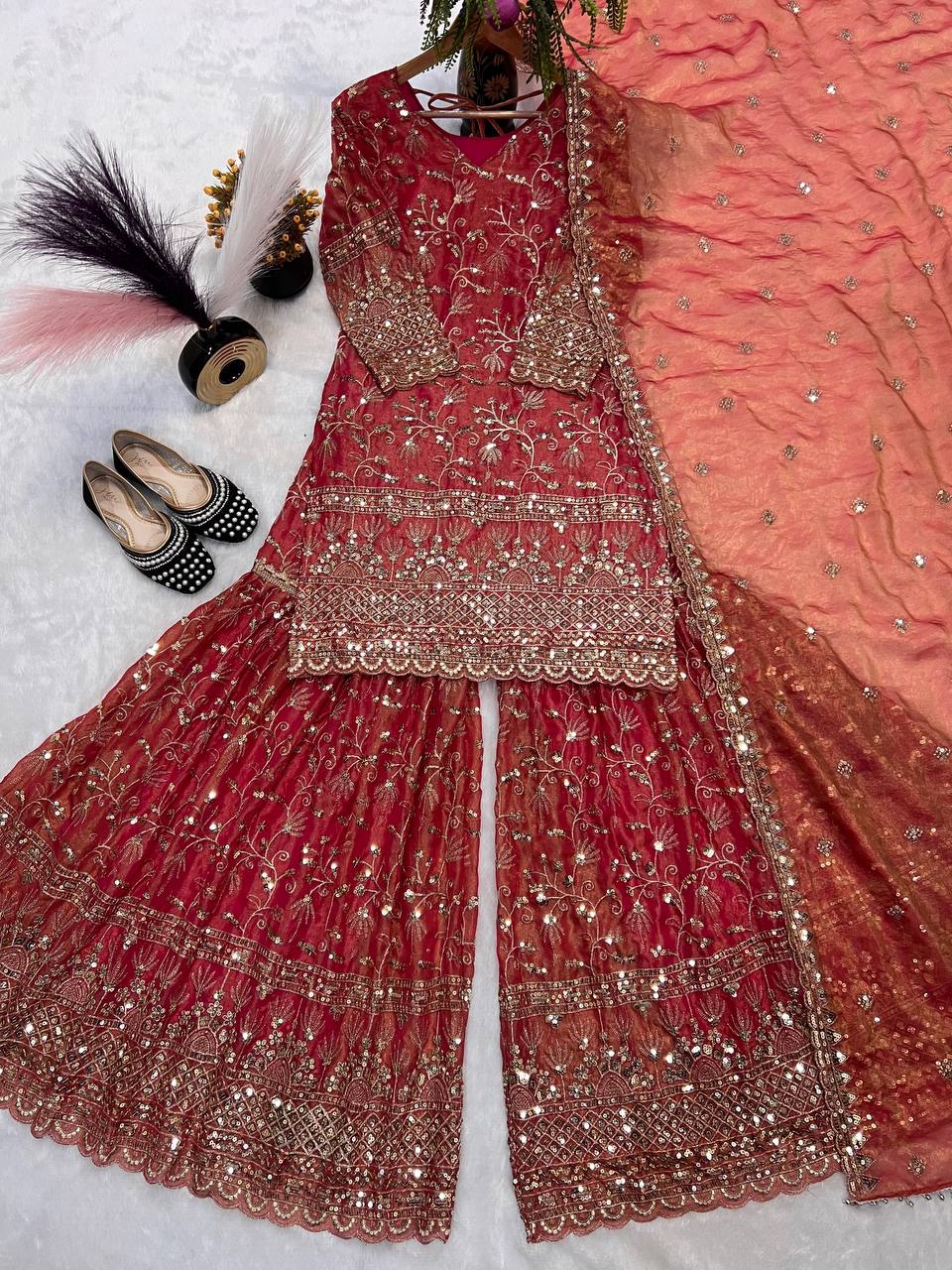 Designer Fancy Crushi Silk Sequin Embroidered Top Sharara Palazzo & Dupatta Set
