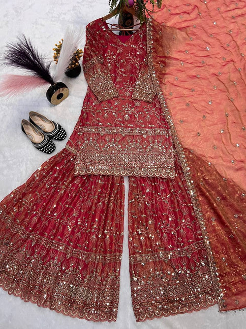Designer Fancy Crushi Silk Sequin Embroidered Top Sharara Palazzo & Dupatta Set