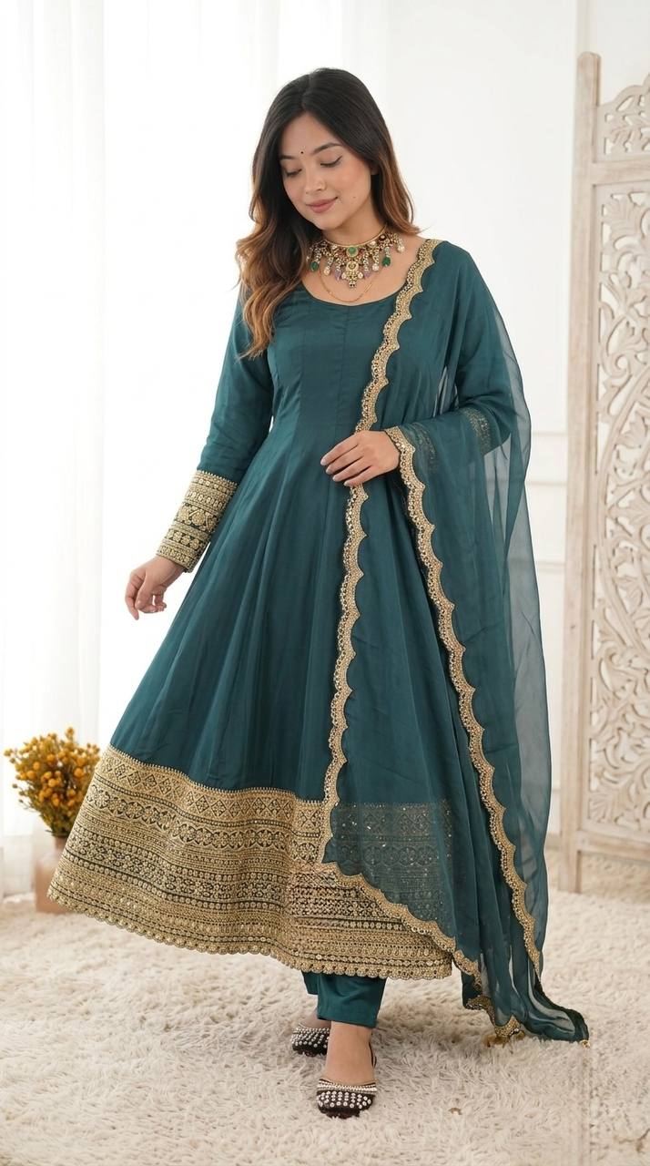 Designer Natural Crepe Sequin & Cording Embroidered Anarkali Suit with Pant & Organza Dupatta