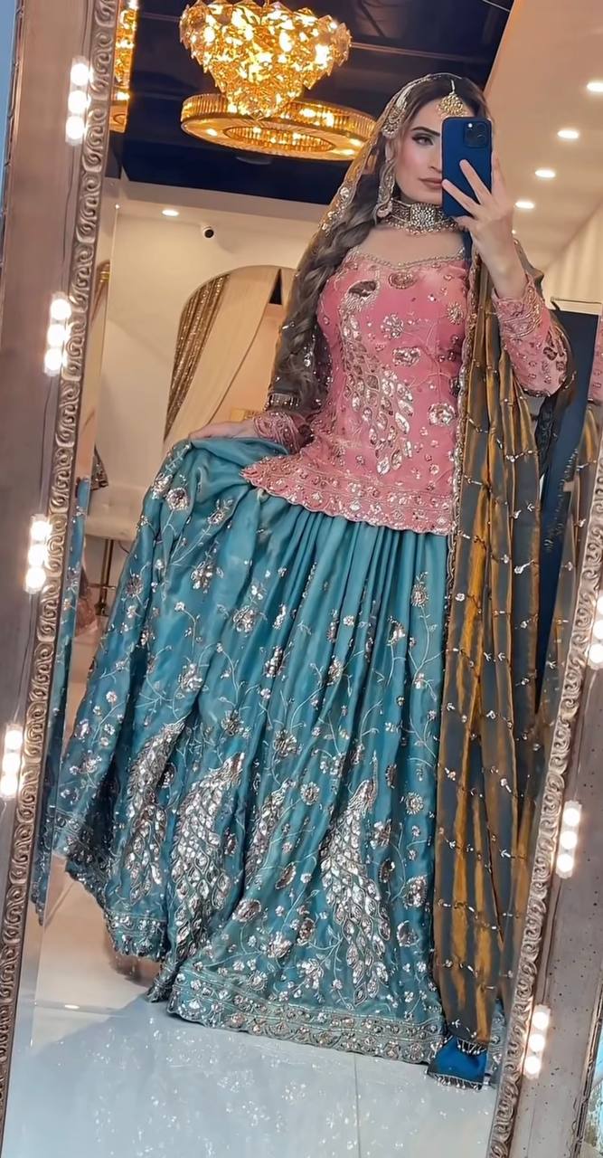 Designer Party Wear Fandy Crushi Silk Sequin Embroidered Top with Sharara Palazzo and Dupatta