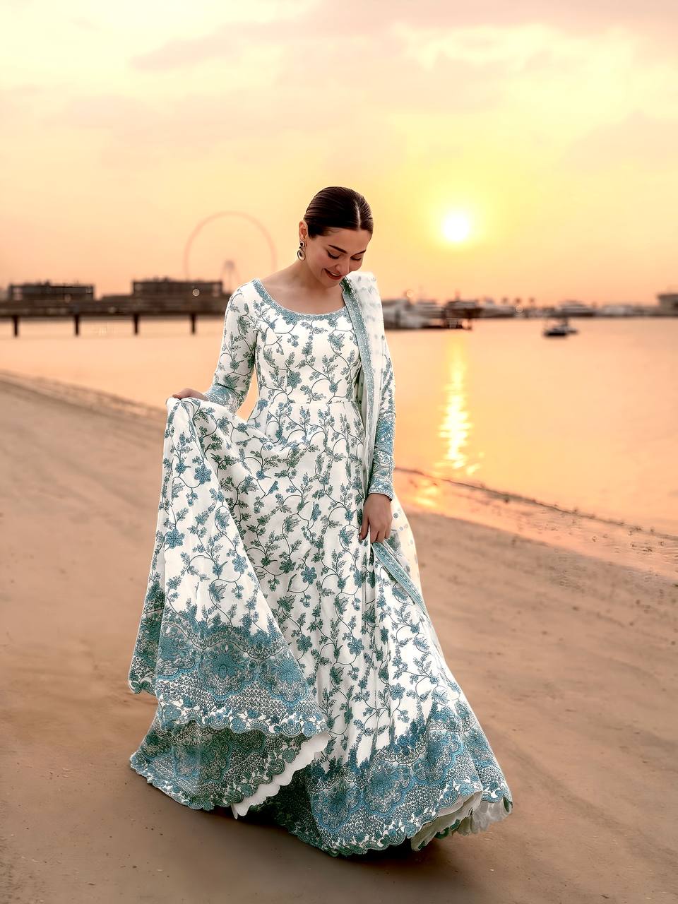 White Georgette & Organza Silk Embroidered Gown — Wedding & Festive Wear