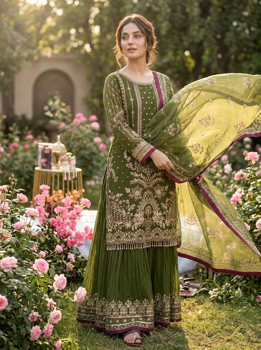 Mehendi Green Georgette Sequin & Moti Palazzo Suit — Festive Wear