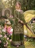 Mehendi Green Georgette Sequin & Moti Palazzo Suit — Festive Wear